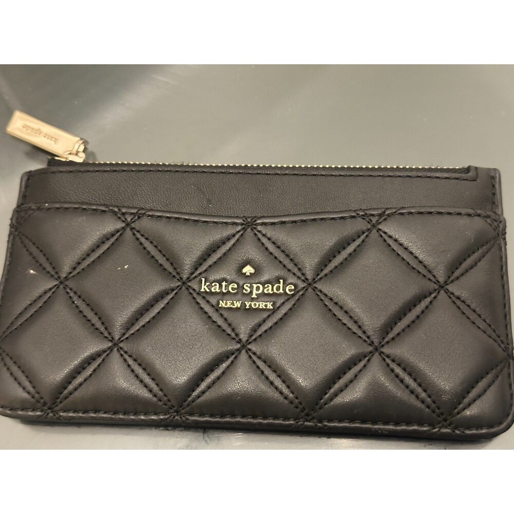 Kate Spake Natalia Black Quilted Leather Large Slim Card Holder Zip Coin Pouch